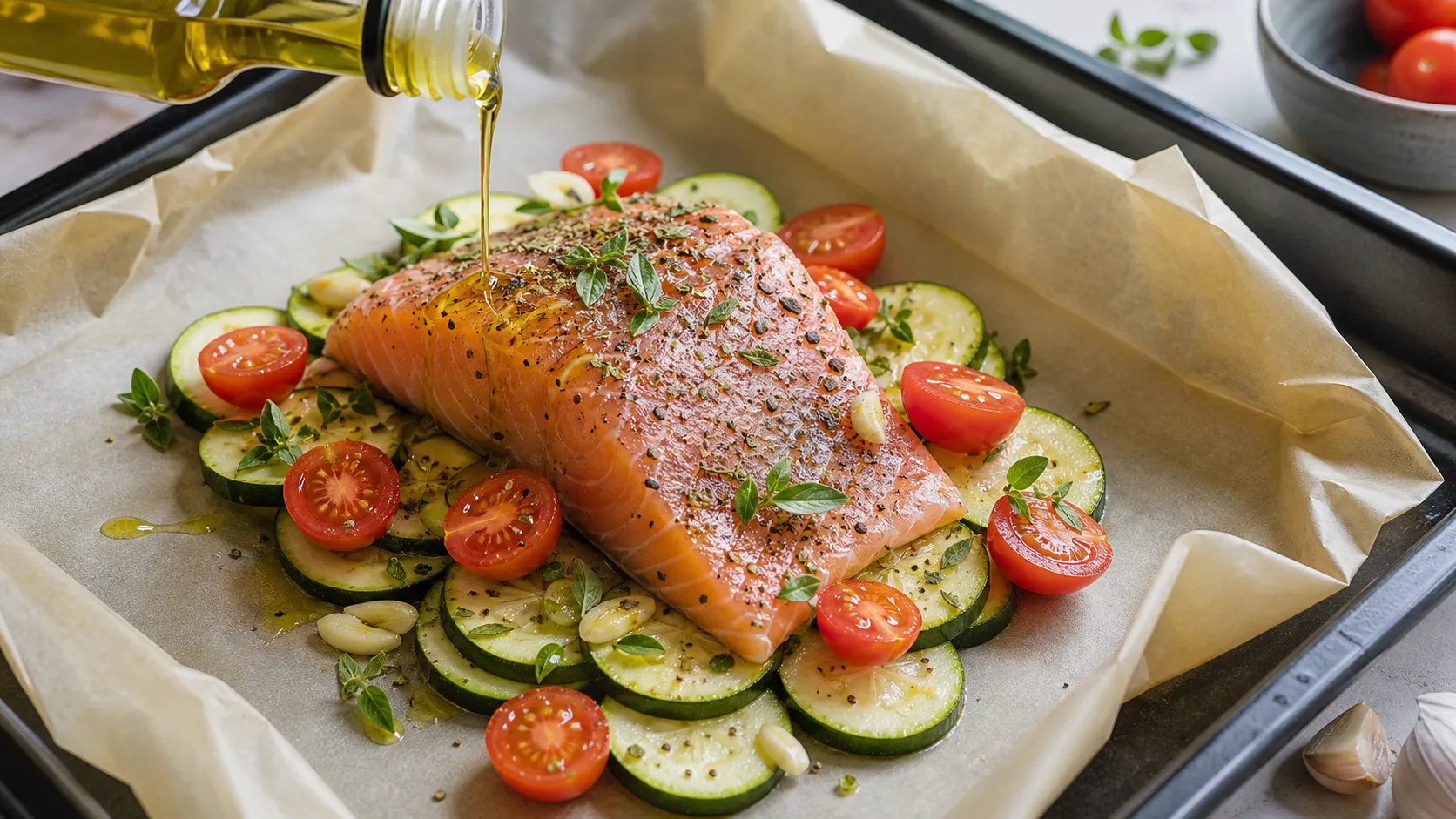 Lachsfilet liegt mit Zucchini und Cherry-Tomaten auf Backpapier, bereit zum Falten des Ofen-Päckchens