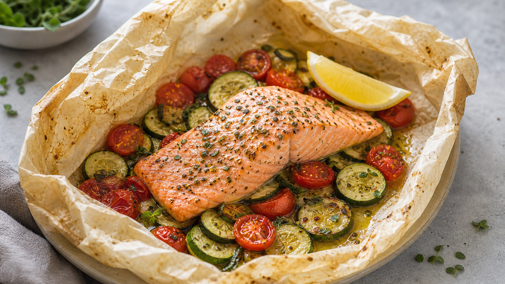 Geöffnetes Keto Lachs-Päckchen aus dem Ofen mit Zucchini, Cherry-Tomaten, Oregano und Zitrone