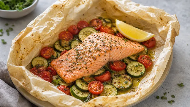 Geöffnetes Keto Lachs-Päckchen aus dem Ofen mit Zucchini, Cherry-Tomaten, Oregano und Zitrone