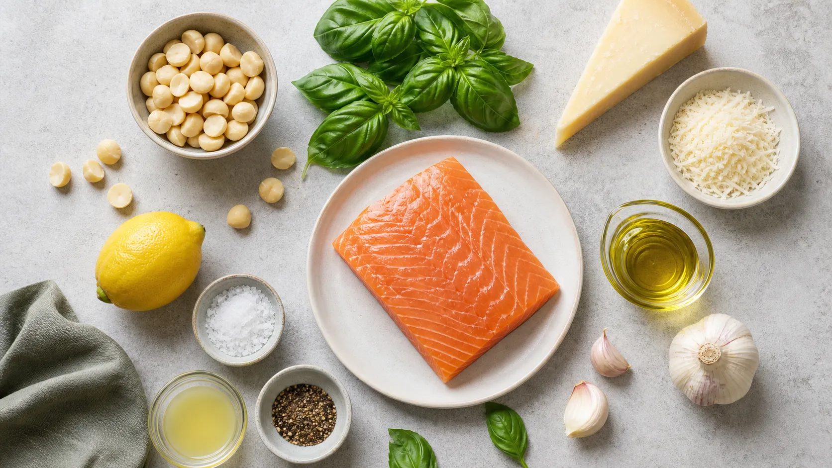 Zutaten für Keto Lachs mit Pesto-Kruste: Lachs, Macadamia, Basilikum, Parmesan, Olivenöl, Knoblauch und Zitrone