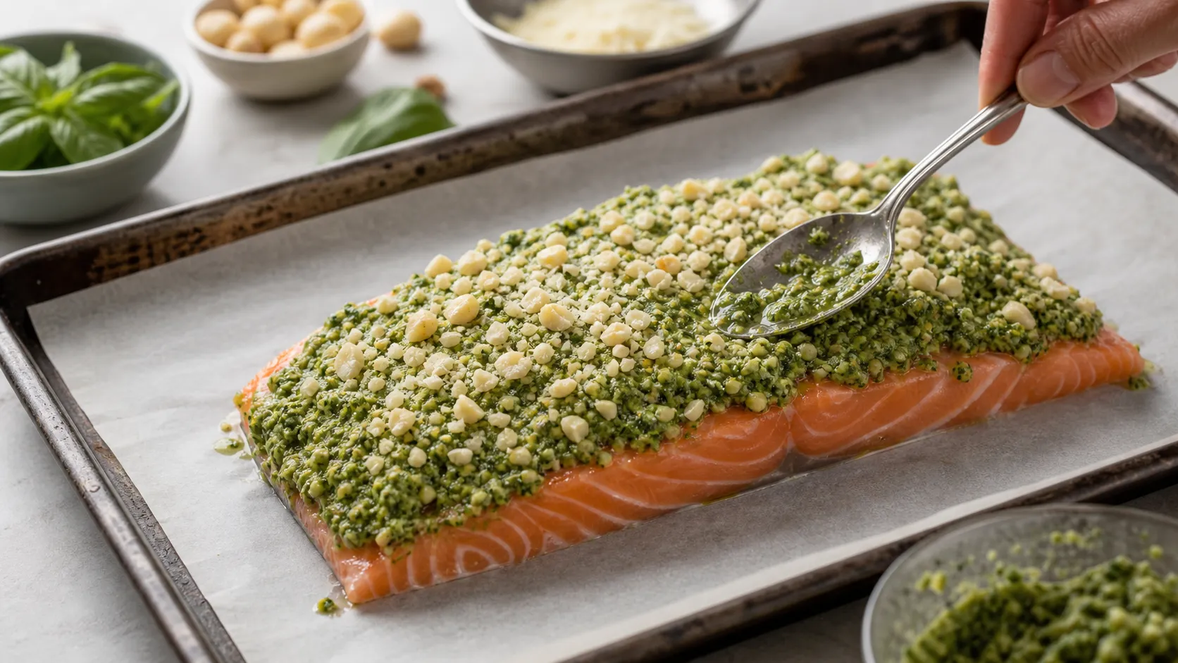 Basilikum-Macadamia-Pesto wird auf ein Lachsfilet gestrichen, bevor der Keto Lachs in den Ofen kommt