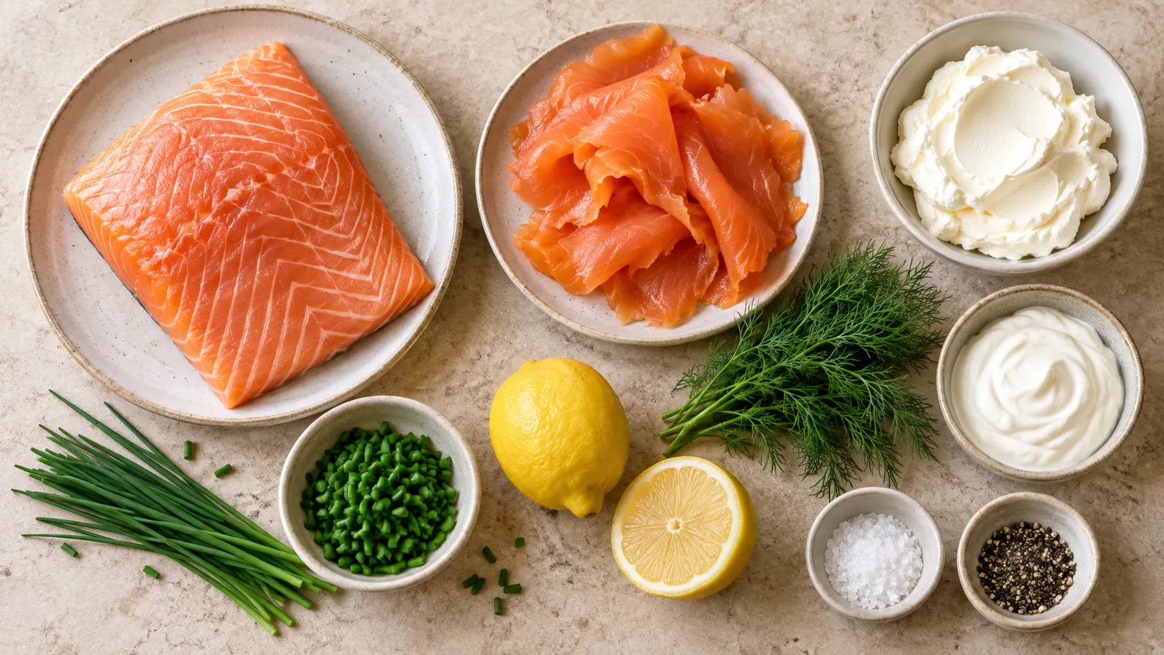Zutaten für Keto-Lachs-Rillettes: ein frisches Lachsfilet, Scheiben Räucherlachs, Frischkäse, Crème fraîche, Dill, Schnittlauch und eine Zitrone
