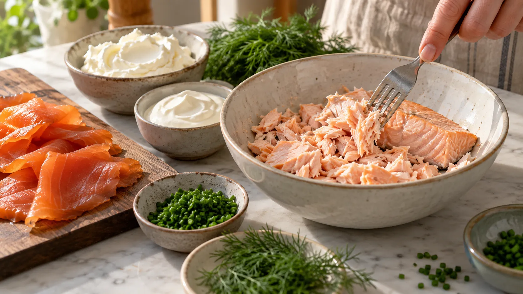 Pochierter Lachs wird mit einer Gabel in grobe Flocken zerpflückt und mit Frischkäse und gehacktem Räucherlachs vermengt