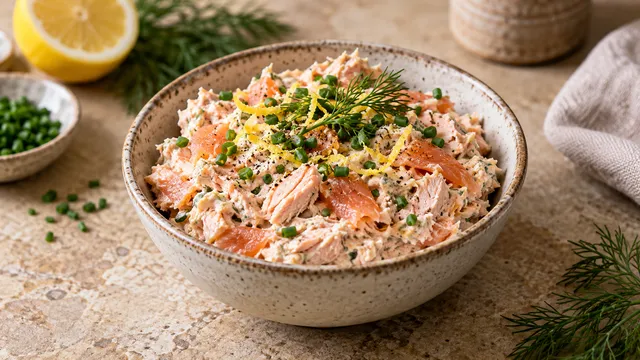 Rosafarbene Lachs-Rillettes mit sichtbaren Lachsstücken in einem Glas, mit Dill und Zitronenzesten garniert, daneben Gurkenscheiben