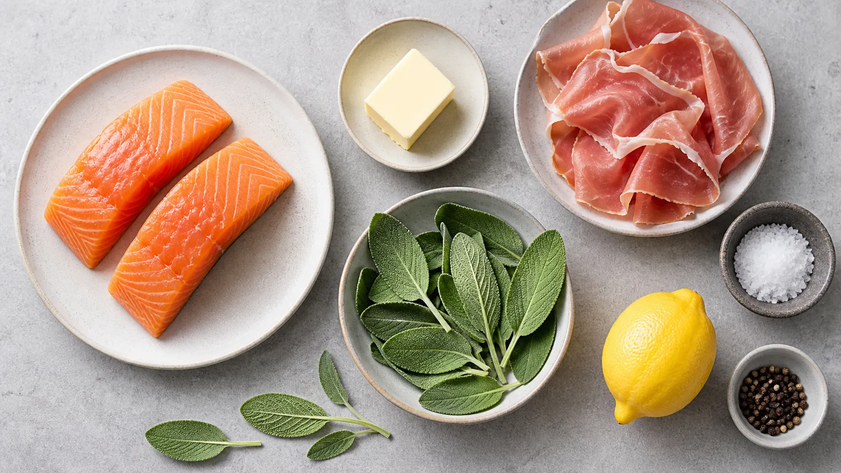 Zutaten für Keto Lachs Saltimbocca: Lachsfilet, Parmaschinken, Salbei, Butter, Zitrone, Salz und Pfeffer