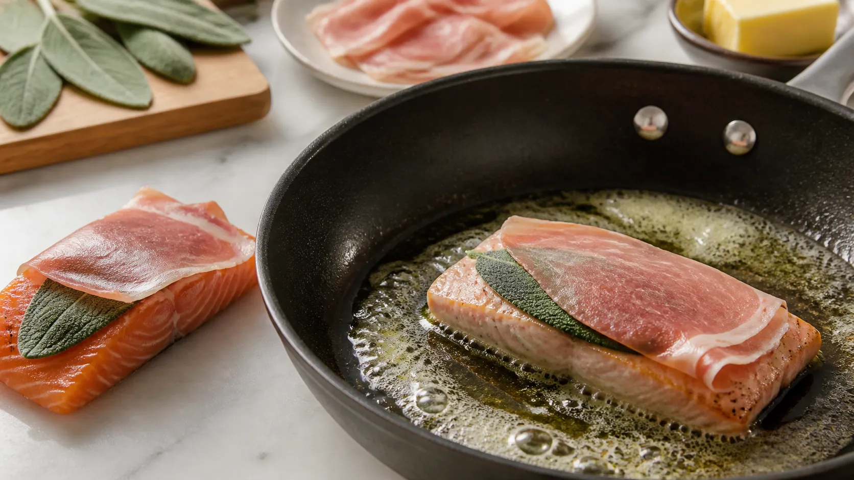 Lachsfilet mit Salbeiblatt und Parmaschinken wird in Butter für Keto Lachs Saltimbocca gebraten