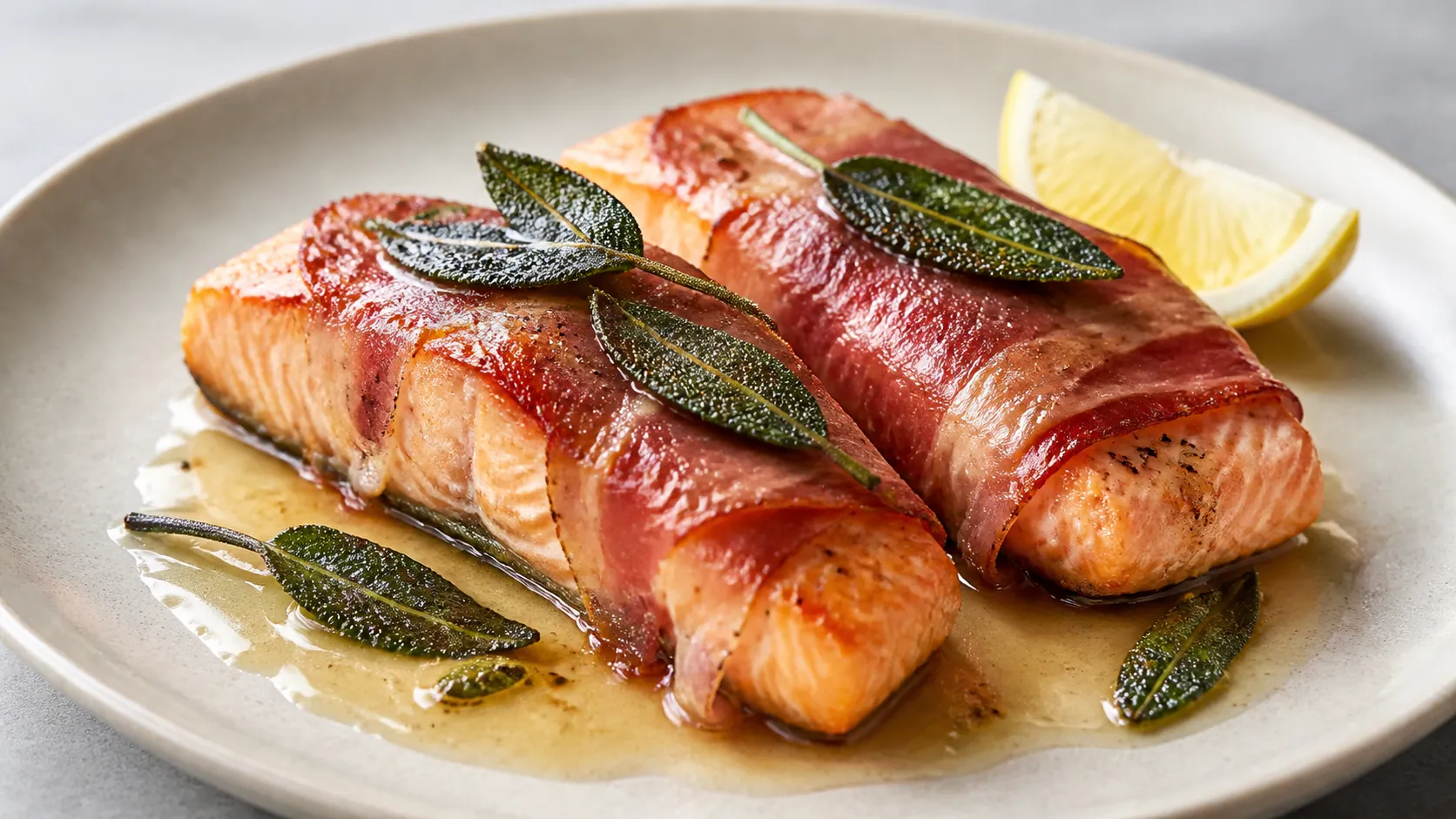 Keto Lachs Saltimbocca mit knusprigem Parmaschinken, Salbei, Butter und Zitrone