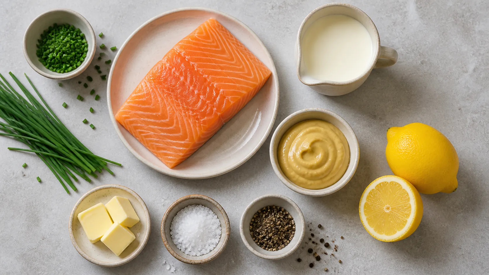 Zutaten für Keto Lachs in Senf-Sahne-Sauce: Lachsfilet, Sahne, Dijonsenf, Schnittlauch, Butter und Zitrone