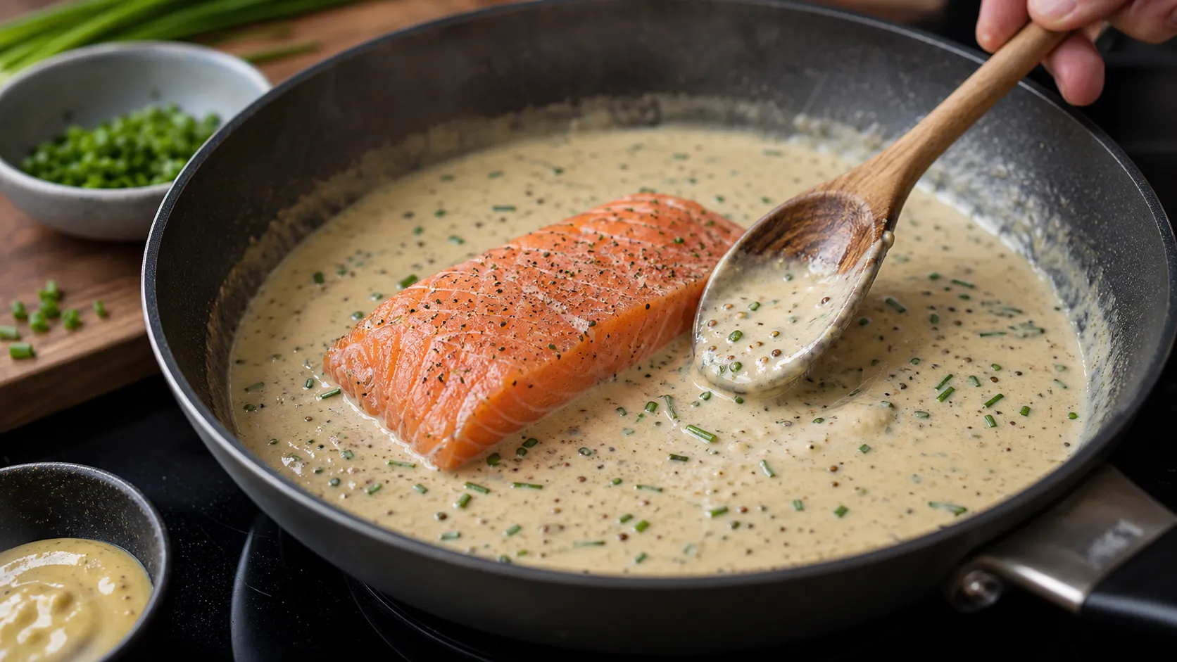Lachsfilet zieht in heißer Dijonsenf-Sahne-Sauce in einer Pfanne