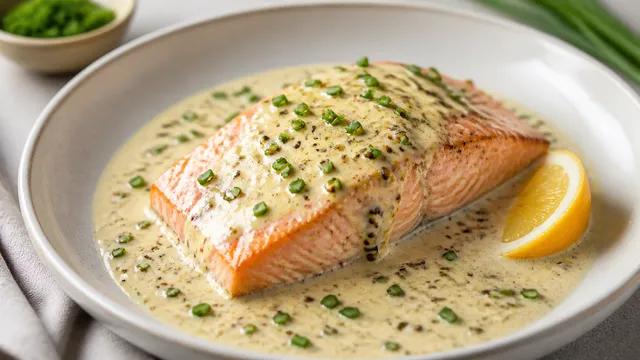 Keto Lachsfilet in cremiger Dijonsenf-Sahne-Sauce mit Schnittlauch und Zitrone
