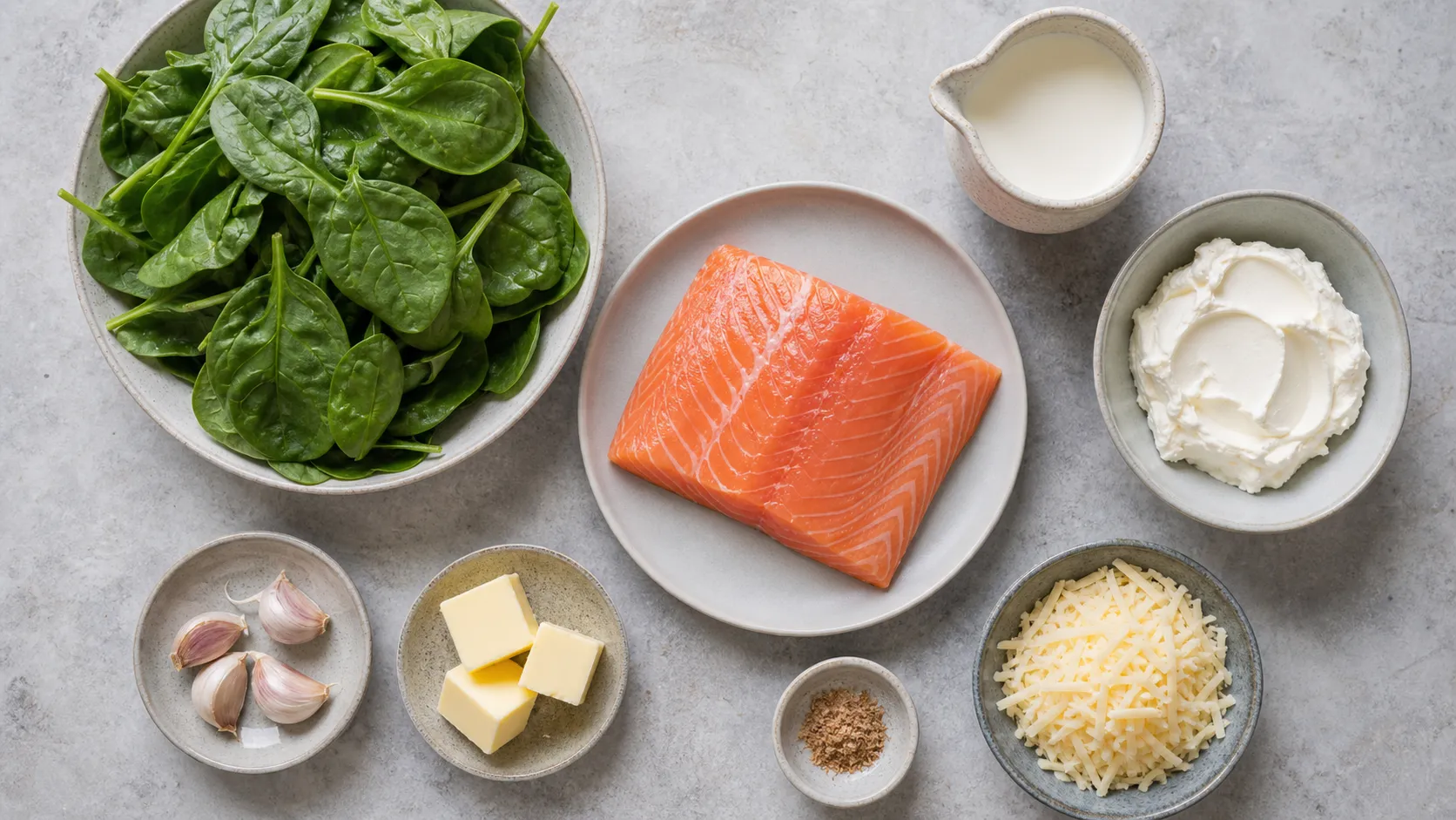 Zutaten für Keto Lachs-Spinat-Auflauf: Lachs, Babyspinat, Frischkäse, Sahne, geriebener Käse, Knoblauch und Butter