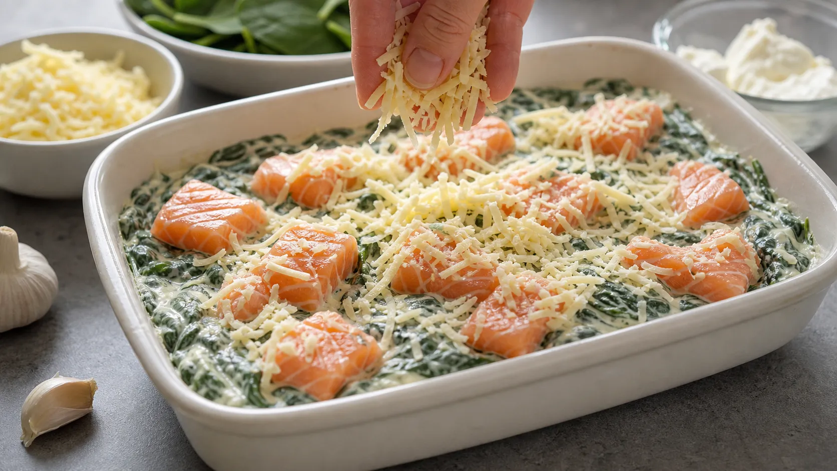 Lachsstücke liegen auf Spinat-Frischkäse-Mischung in einer Auflaufform und werden mit Käse bestreut