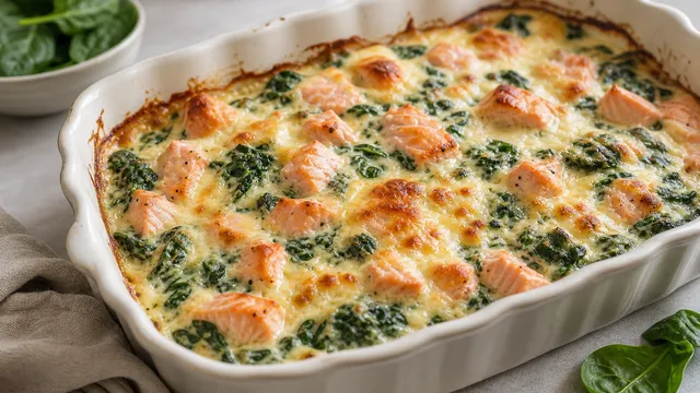 Keto Lachs-Spinat-Auflauf mit Frischkäse und goldbrauner Käseschicht in einer Auflaufform