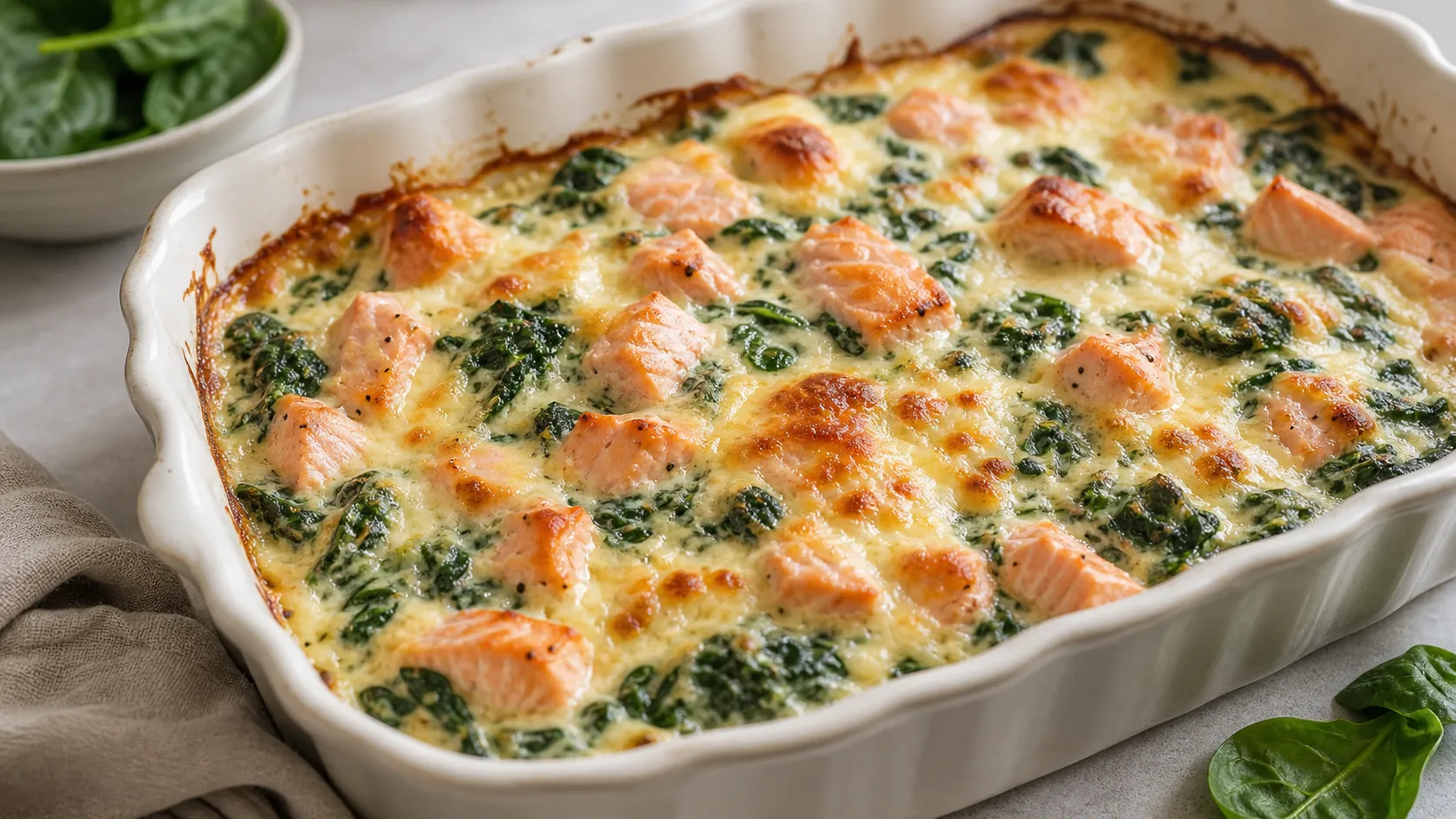 Keto Lachs-Spinat-Auflauf mit Frischkäse und goldbrauner Käseschicht in einer Auflaufform