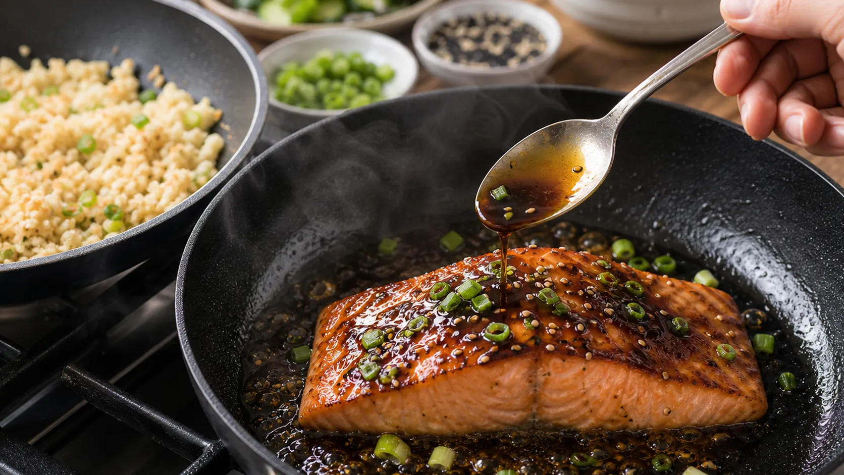 Lachsfilet wird in der Pfanne mit zuckerfreier Teriyaki-Glasur überzogen, daneben röstet Blumenkohlreis