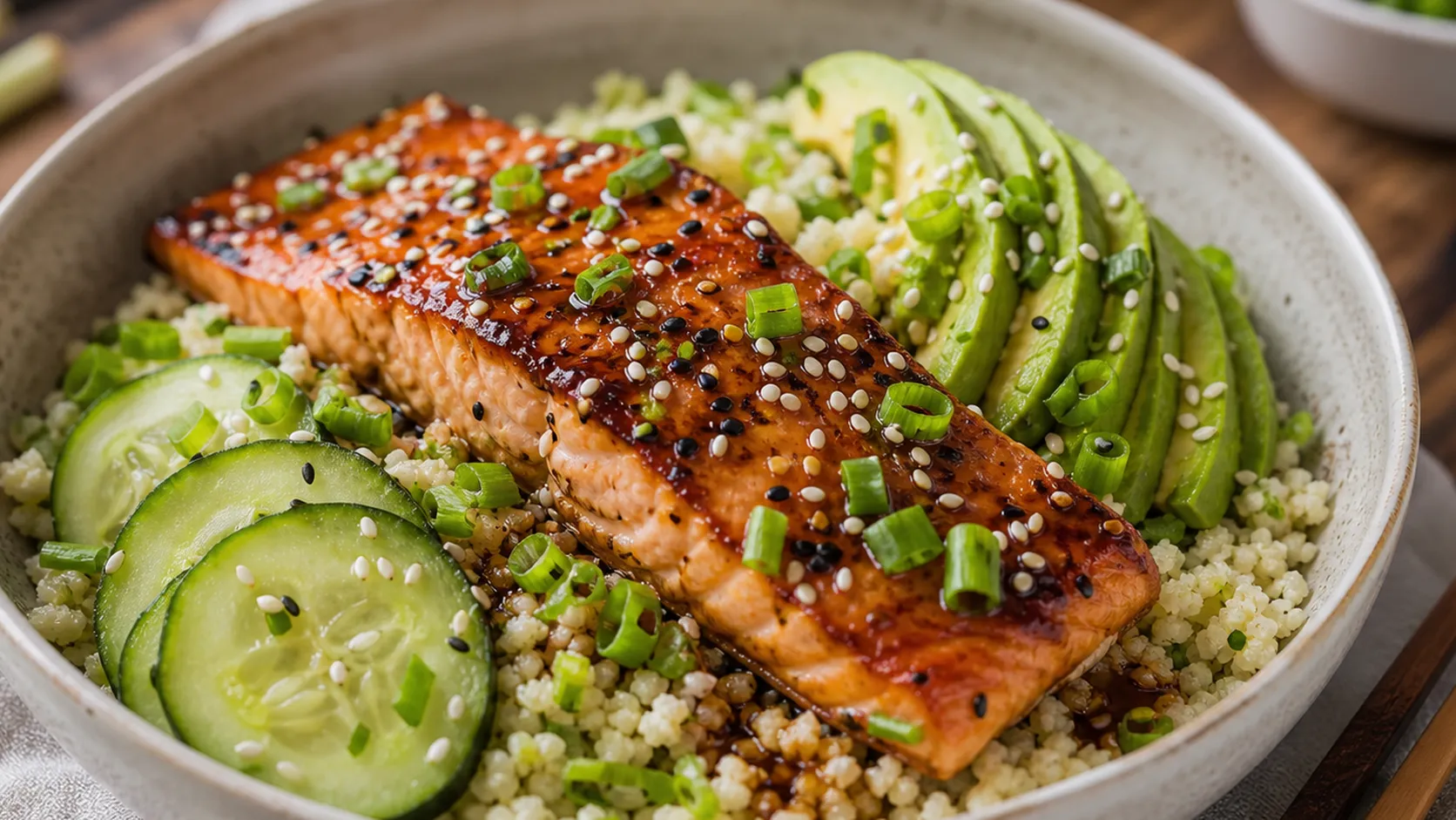Keto-Lachs-Teriyaki-Bowl mit glasiertem Lachsfilet, Blumenkohlreis, Avocado und Sesam