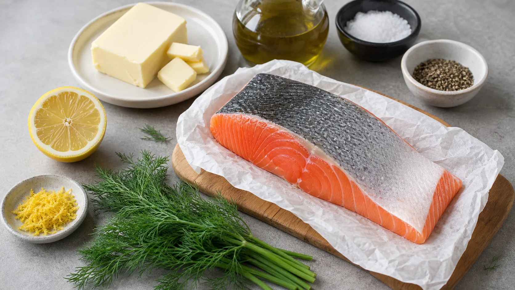 Zutaten für Keto Lachs: frisches Lachsfilet mit Haut, Butter, Zitrone, Dill und Olivenöl