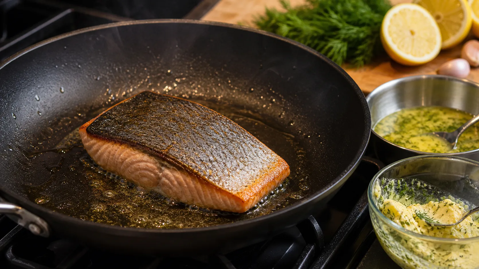 Lachsfilet wird hautseite nach unten in einer Pfanne mit Olivenöl scharf angebraten