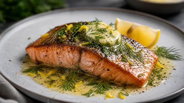 Keto Lachsfilet mit knuspriger Haut und Zitronen-Dill-Butter auf einem Teller angerichtet