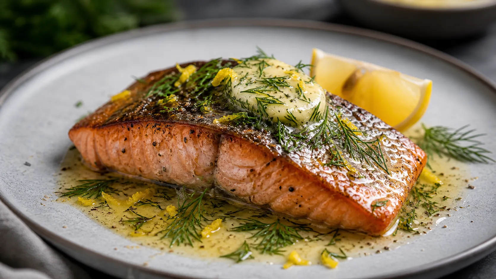Keto Lachsfilet mit knuspriger Haut und Zitronen-Dill-Butter auf einem Teller angerichtet