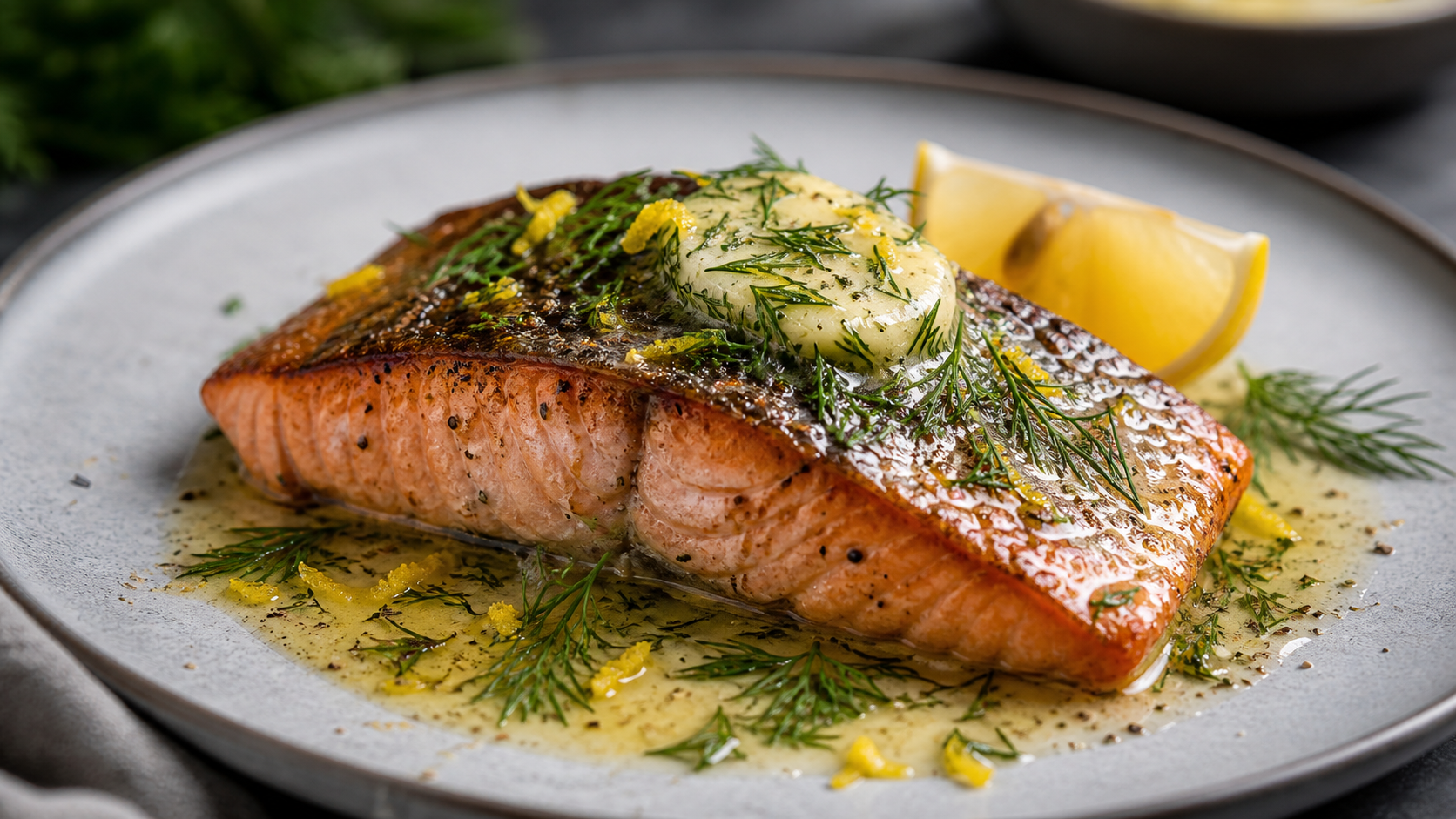 Keto Lachsfilet mit knuspriger Haut und Zitronen-Dill-Butter auf einem Teller angerichtet