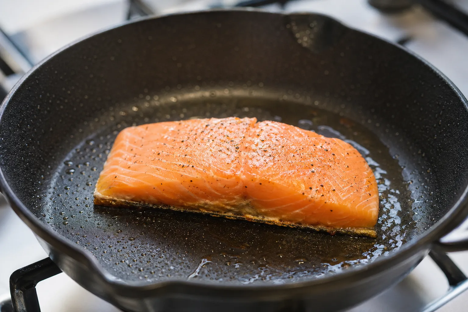 Lachsfilet mit Hautseite nach unten in der Pfanne für das Keto-Abendessen