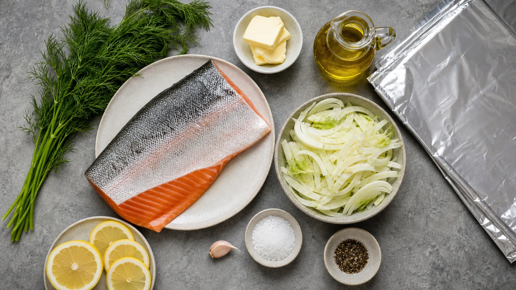 Zutaten für Keto-Lachsforelle in Folie mit Fenchel, Butter, Olivenöl, Zitrone, Dill und Knoblauch