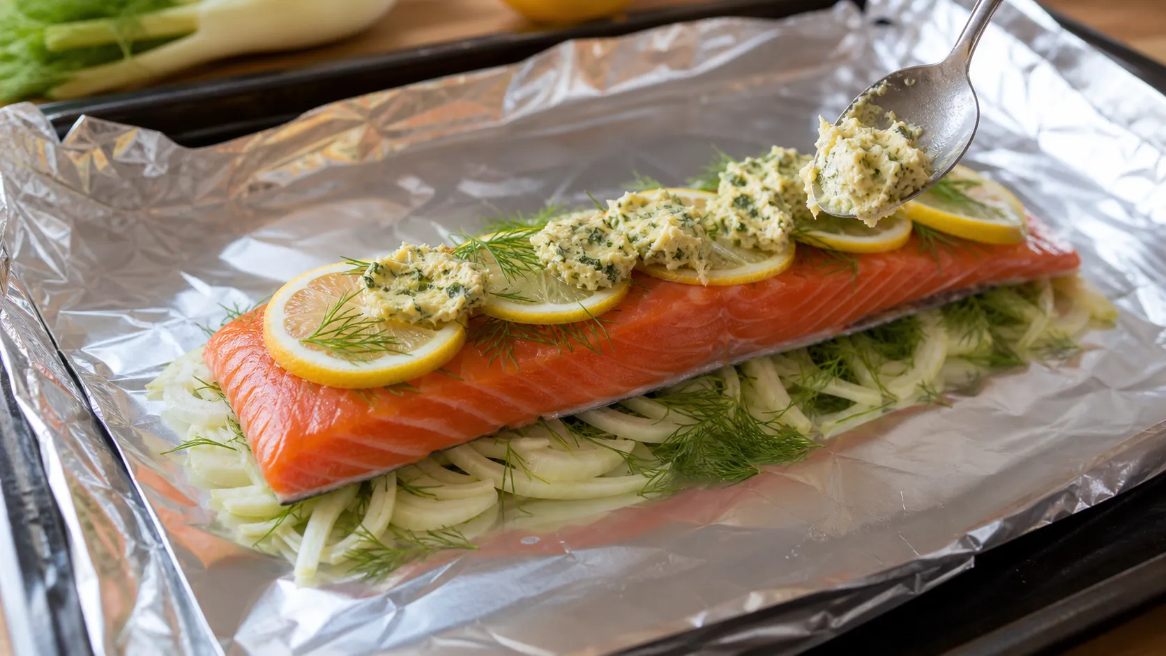Lachsforellenfilet liegt auf Fenchel in Alufolie und wird mit Kräuterbutter, Zitrone und Dill belegt