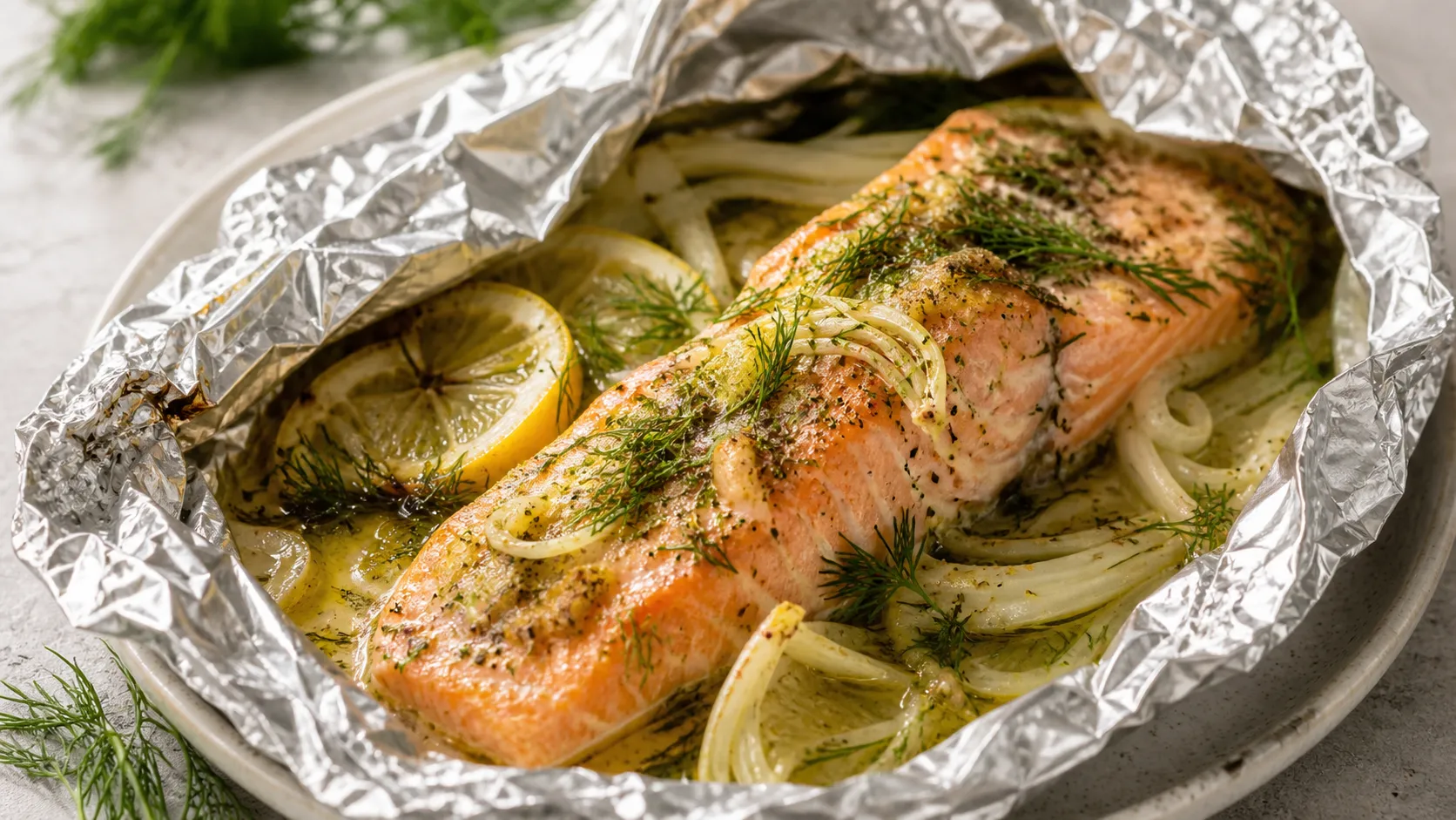 Keto-Lachsforelle mit Fenchel, Kräuterbutter, Zitrone und Dill in geöffneter Alufolie