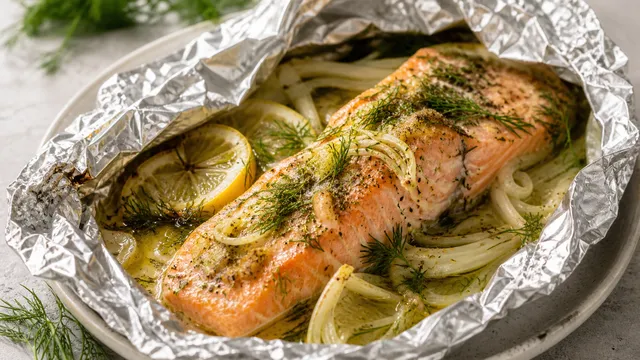 Keto-Lachsforelle mit Fenchel, Kräuterbutter, Zitrone und Dill in geöffneter Alufolie