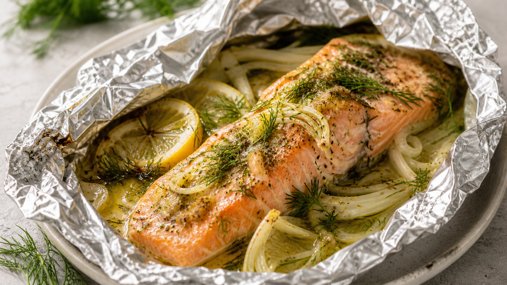 Keto-Lachsforelle mit Fenchel, Kräuterbutter, Zitrone und Dill in geöffneter Alufolie