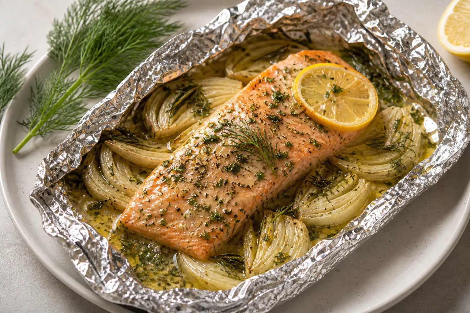 Fertiges Lachsforellenfilet aus der Folie auf dem Teller angerichtet mit Fenchel