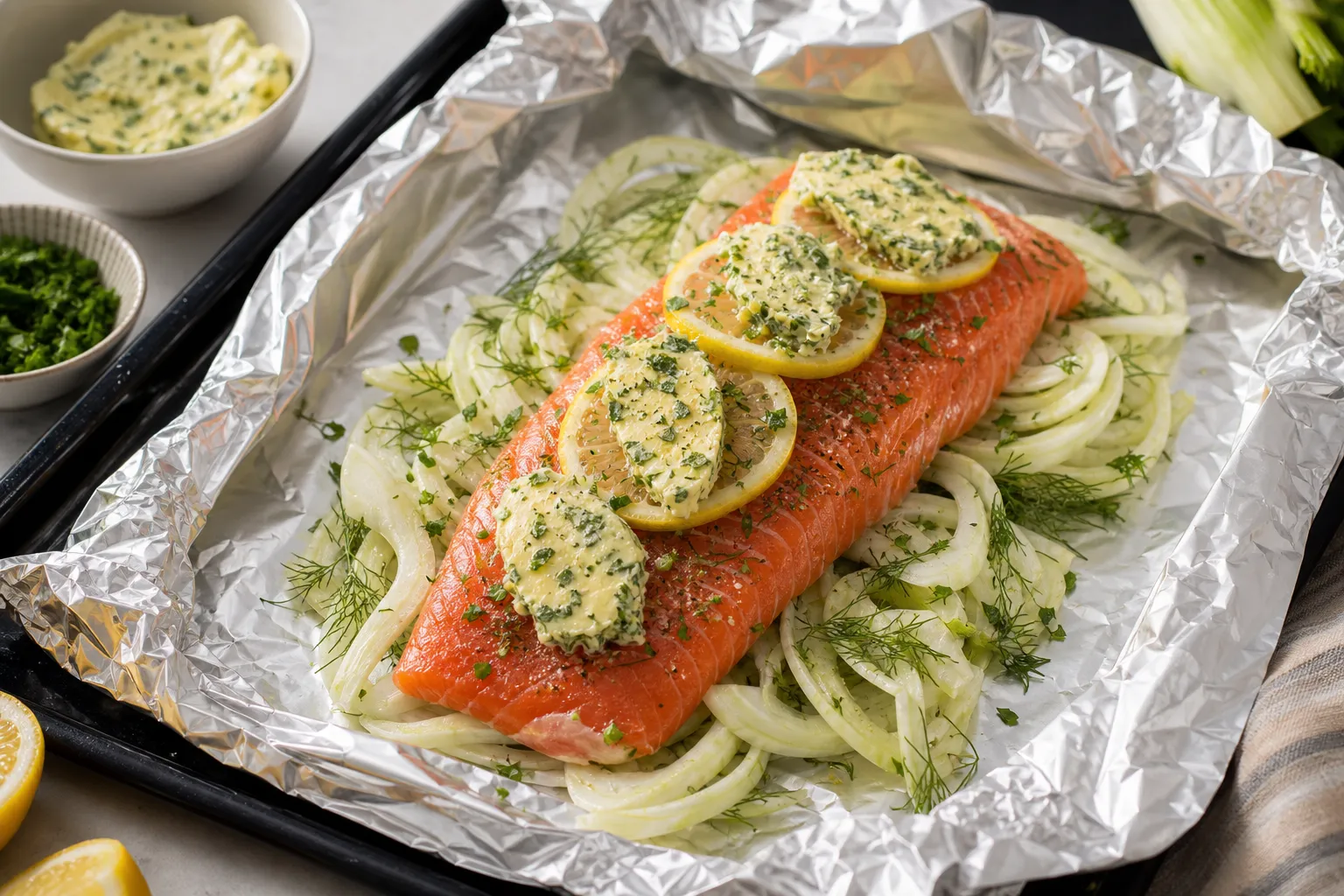 Lachsforellenfilet auf Fenchelscheiben auf Alufolie legen und mit Kräuterbutter belegen