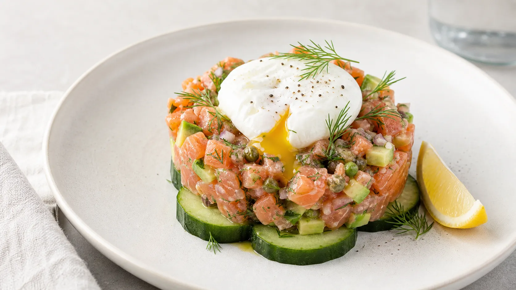 Keto-Lachstatar auf Gurkenscheiben mit pochiertem Ei, Dill und Zitrone auf einem Teller