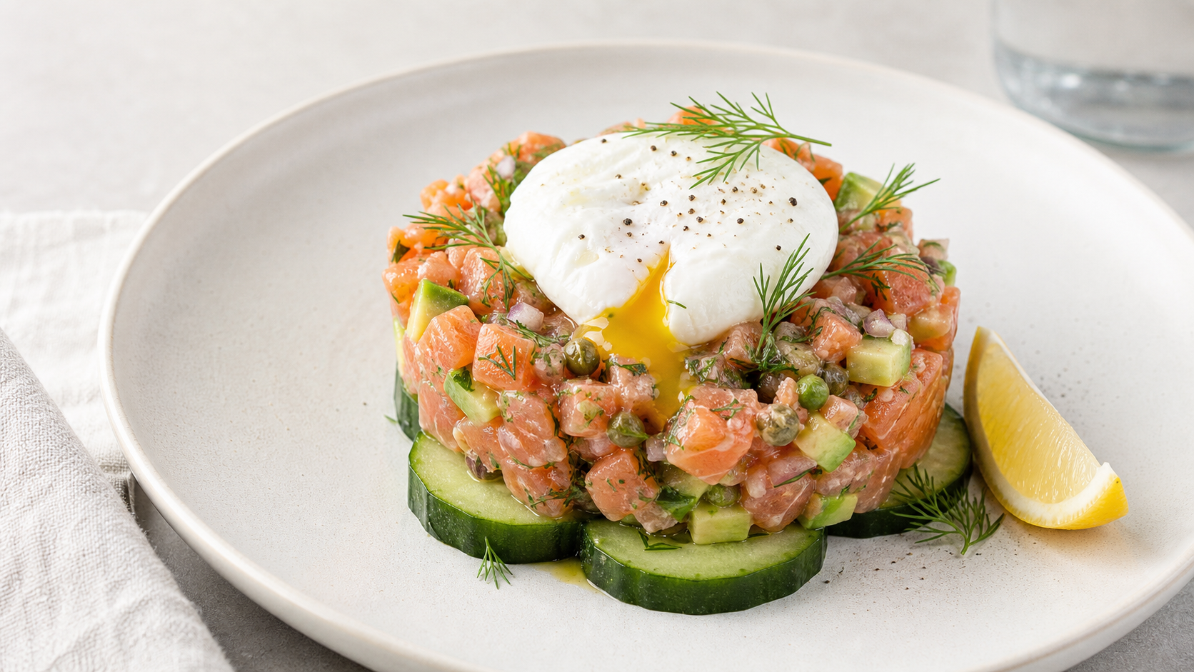 Keto-Lachstatar auf Gurkenscheiben mit pochiertem Ei, Dill und Zitrone auf einem Teller