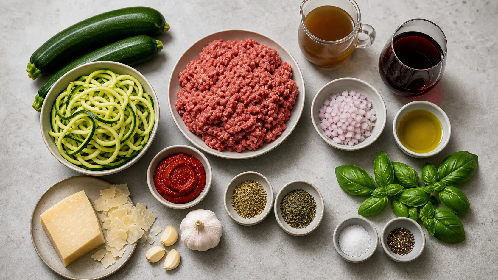Zutaten für Keto Lammbolognese mit Lammhack, Zucchini, Tomatenmark, Parmesan und Basilikum