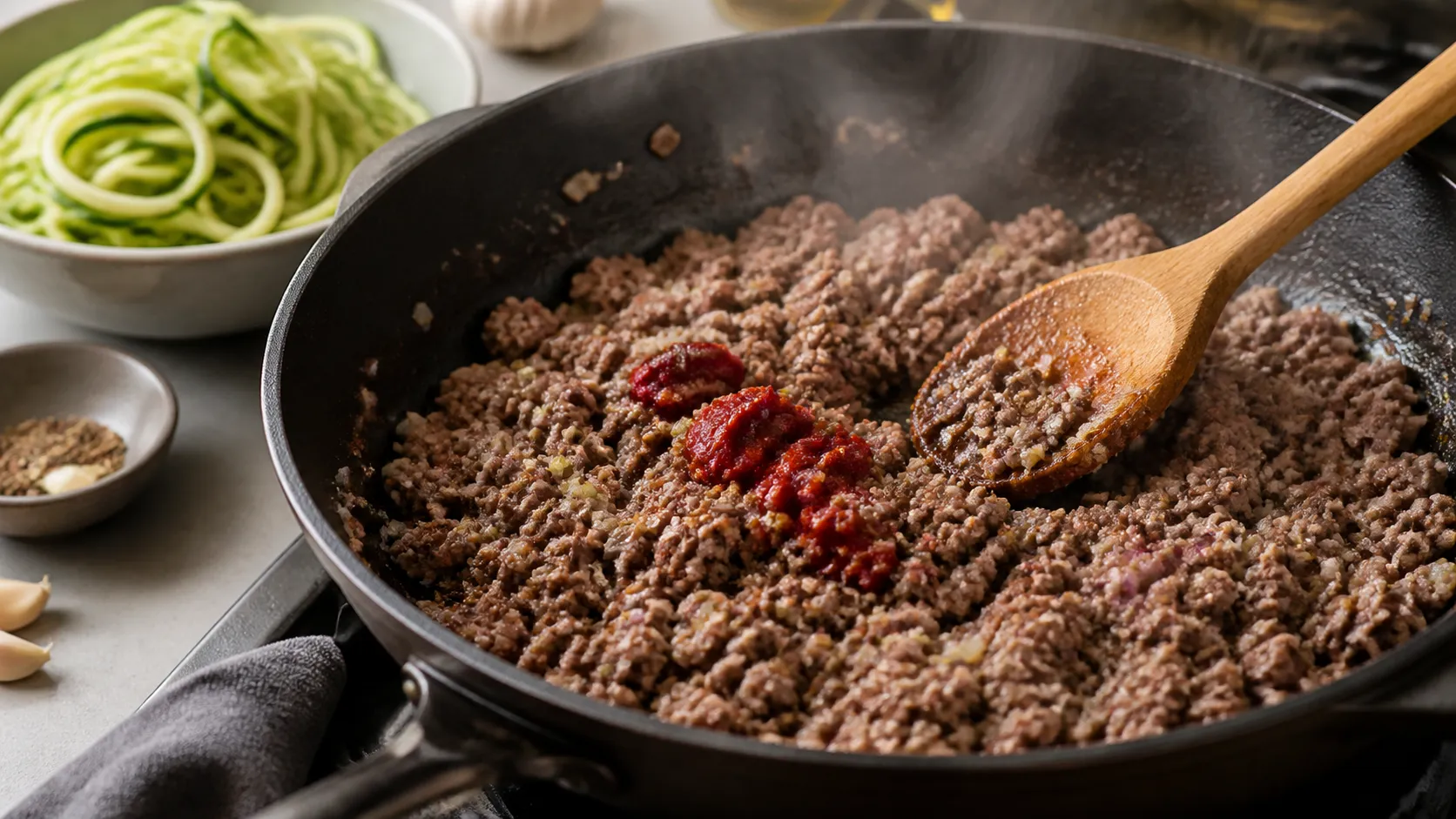 Lammhack mit Schalotten, Knoblauch und Tomatenmark in der Pfanne anbraten