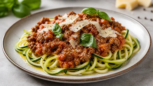 Keto Lammbolognese auf Zucchininudeln mit Parmesan und frischem Basilikum