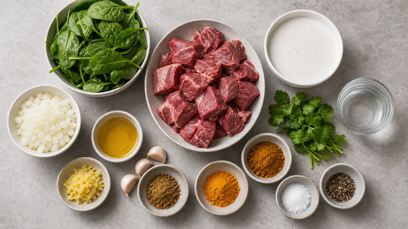 Zutaten für Keto Lamm-Curry mit Lammschulter, Kokosmilch, Spinat, Ingwer und Gewürzen