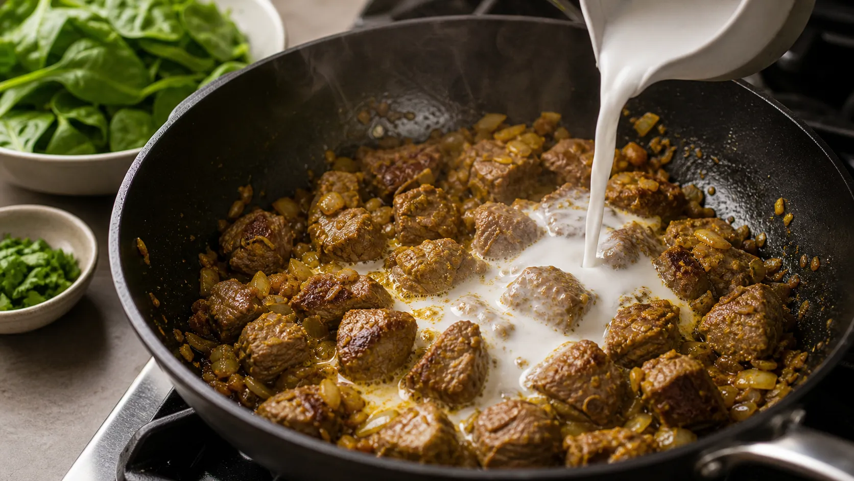 Lammschulter mit Zwiebeln, Ingwer und Currygewürzen anbraten und Kokosmilch zugeben