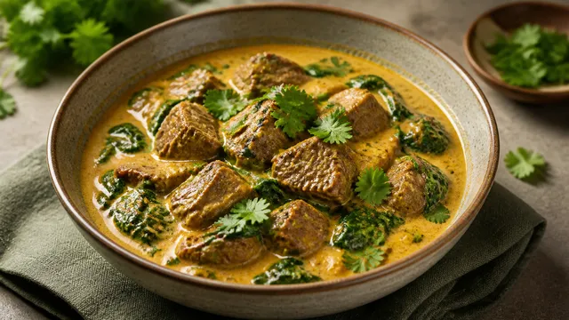 Keto Lamm-Curry mit Kokosmilch, Spinat und frischem Koriander in einer Schale