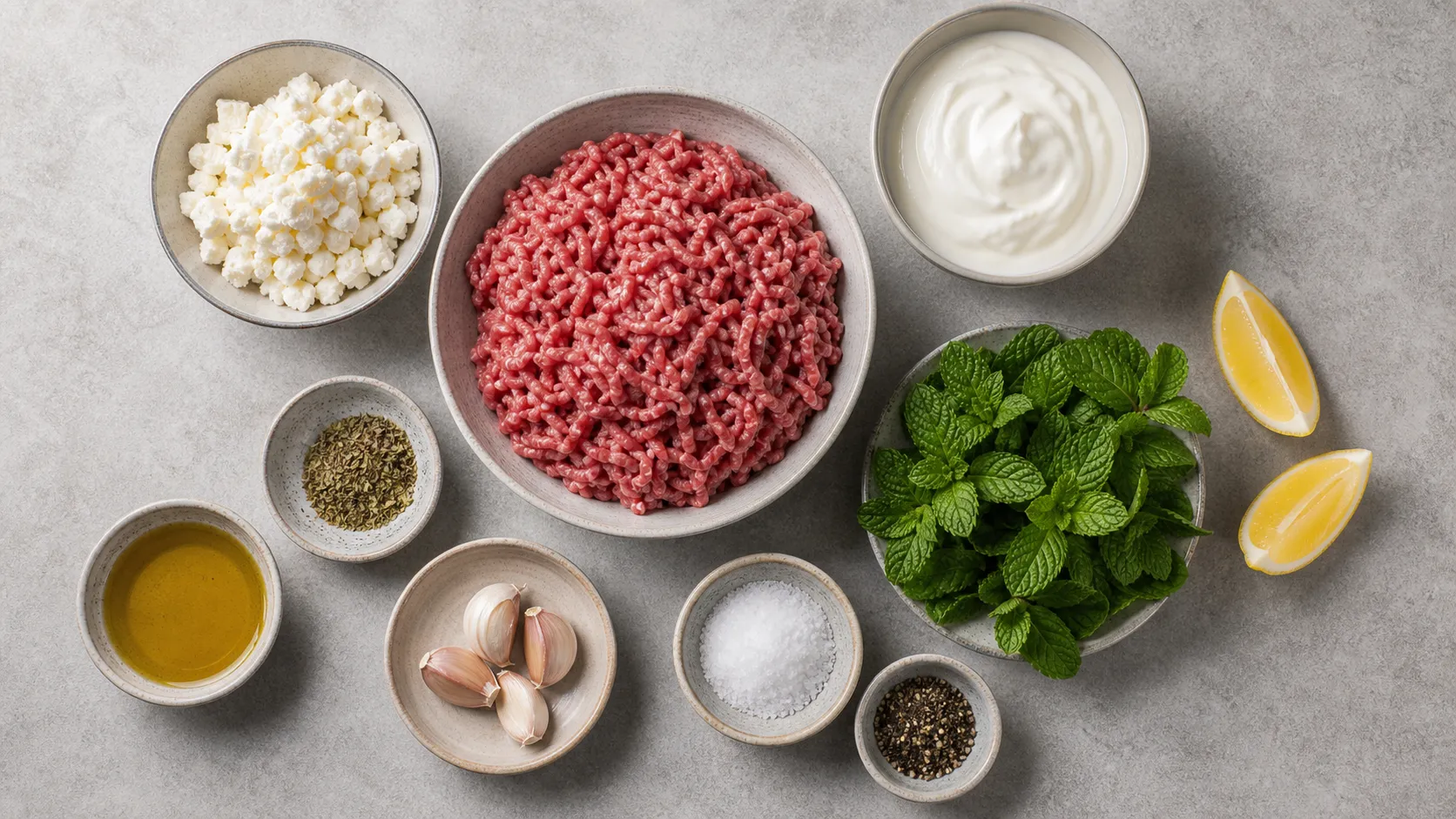 Zutaten für Keto Lamm-Feta-Frikadellen mit Lammhack, Feta, Joghurt, Minze und Zitrone