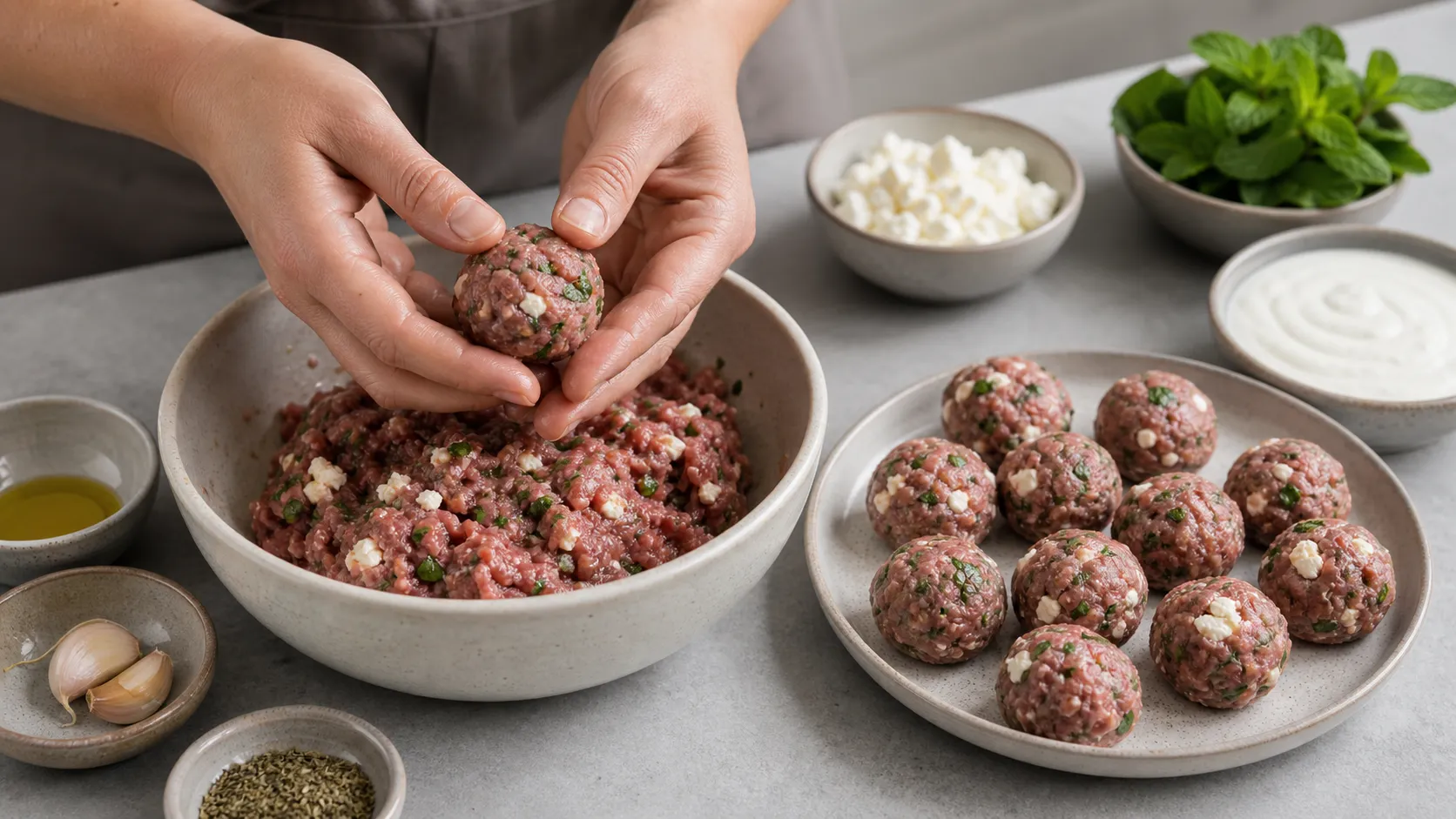 Lammhack mit Feta zu kleinen Frikadellen formen