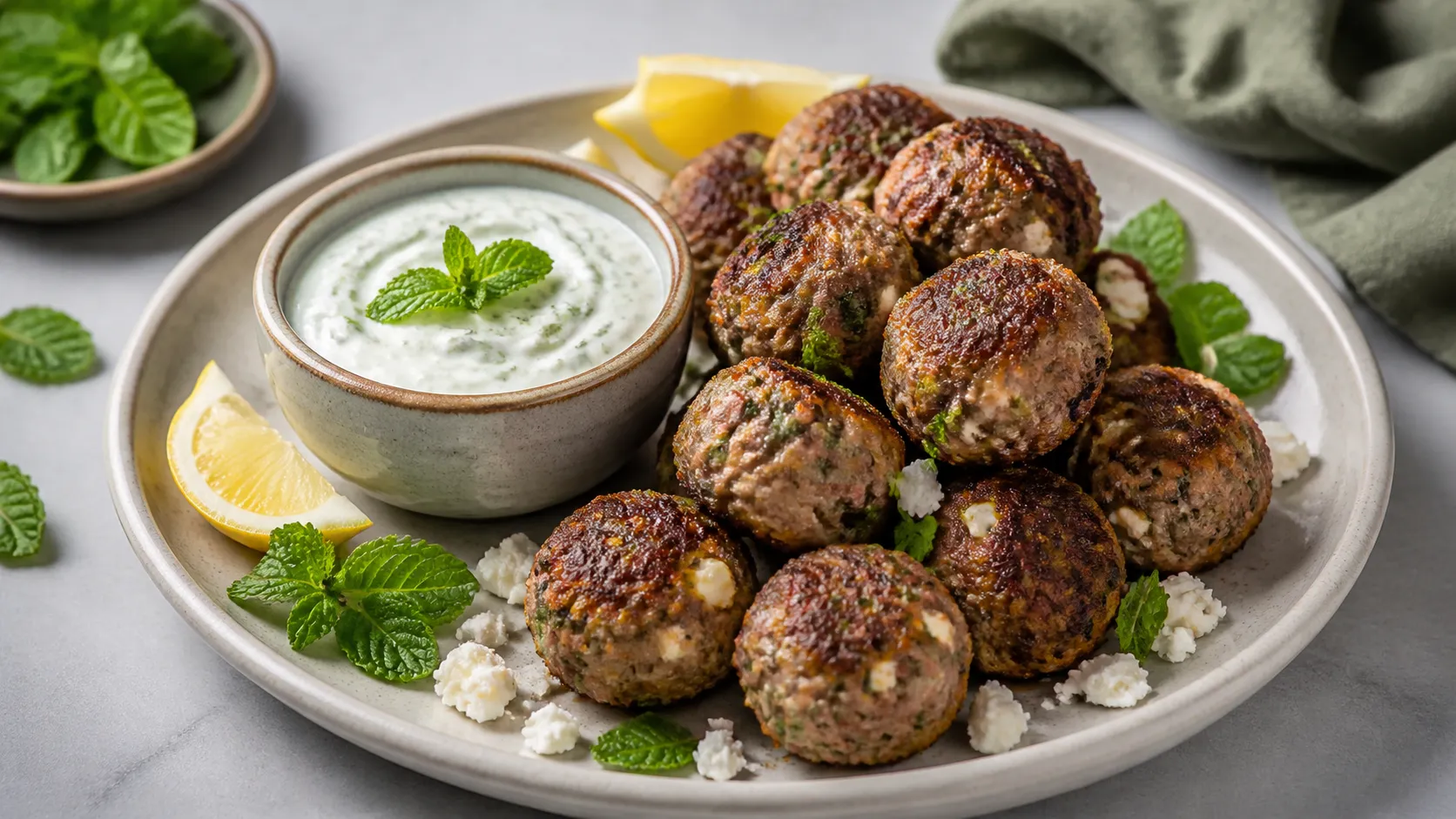 Keto Lamm-Feta-Frikadellen mit Joghurt-Minz-Sauce und Zitrone serviert