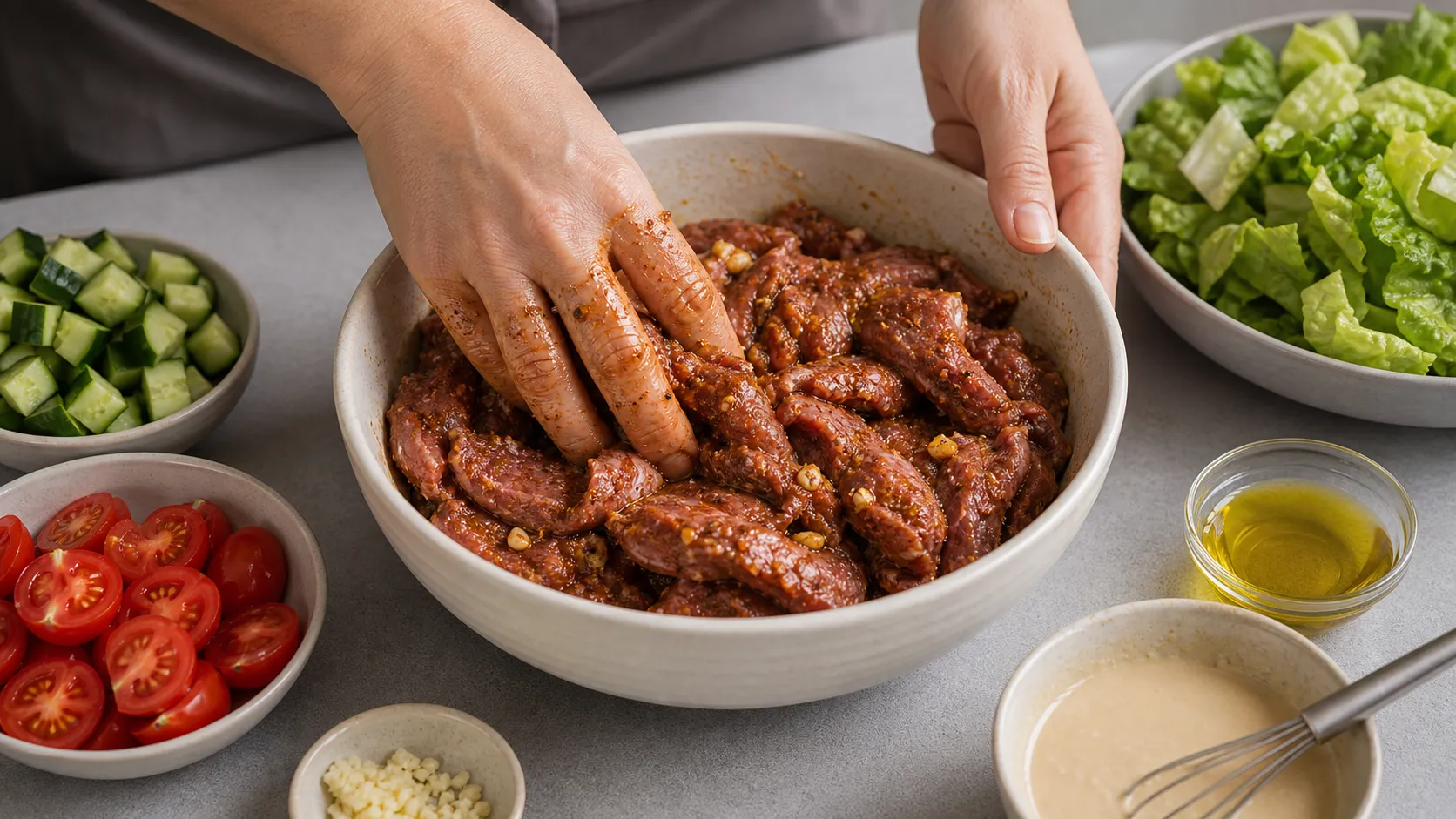 Lammstreifen in Olivenöl, Knoblauch, Kreuzkümmel, Paprika und Sumach marinieren