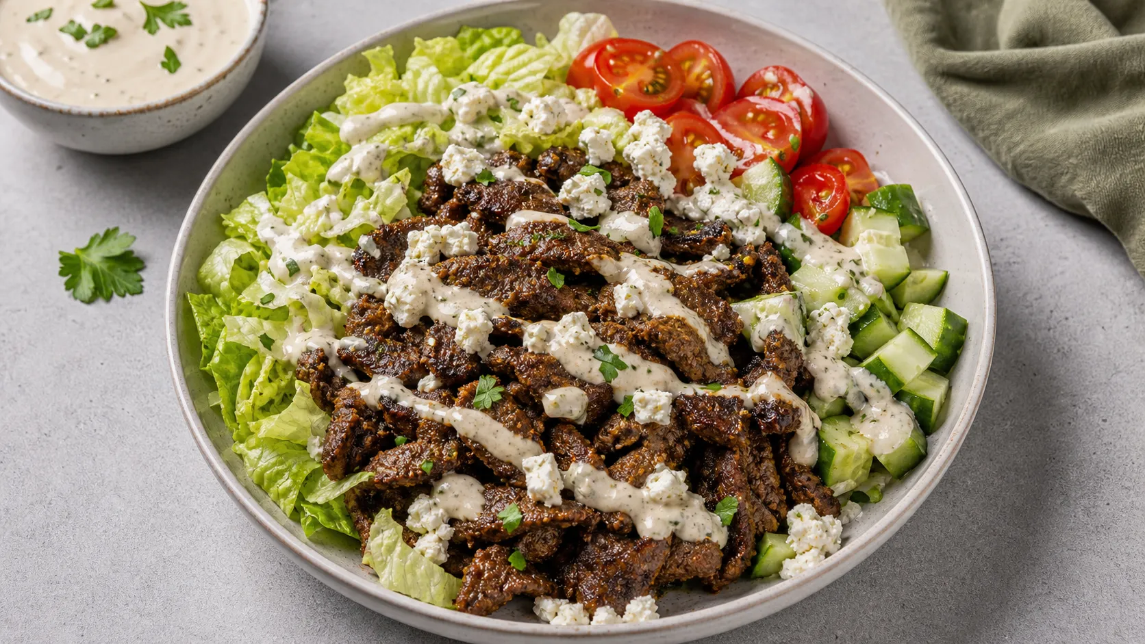 Keto Lamm-Shawarma-Bowl mit Salat, Gurke, Tomaten, Feta und Tahini-Knoblauch-Sauce