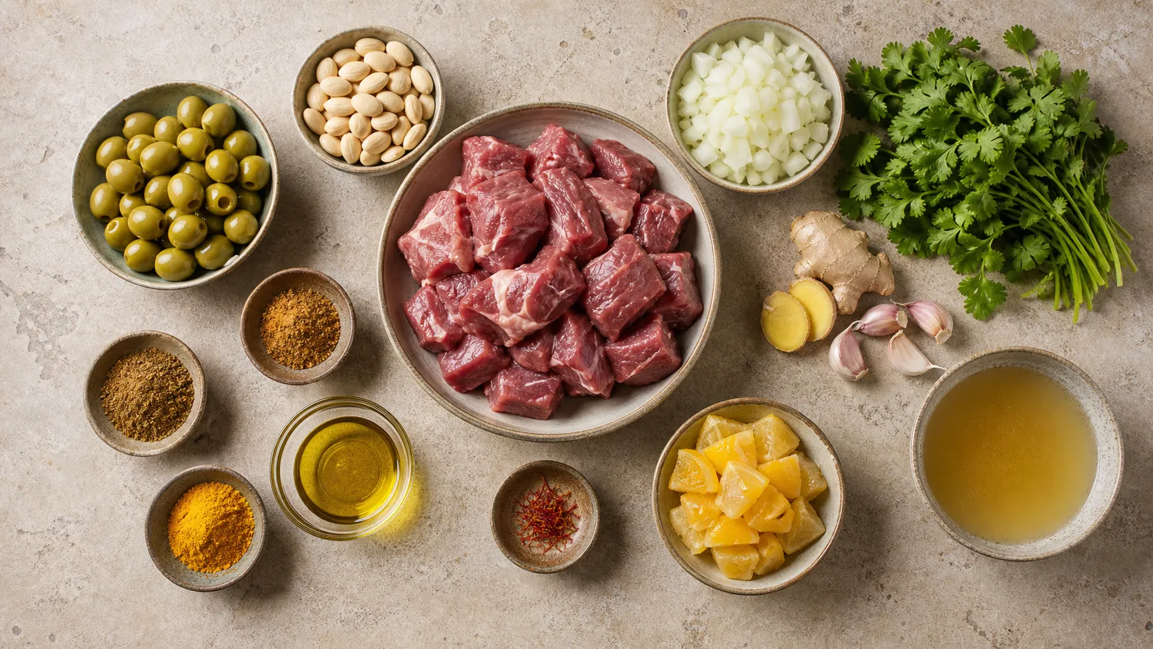 Zutaten für Keto Lamm-Tajine: Lammschulter, Oliven, Mandeln, Salzzitrone, Ingwer, Knoblauchzehen und Gewürze