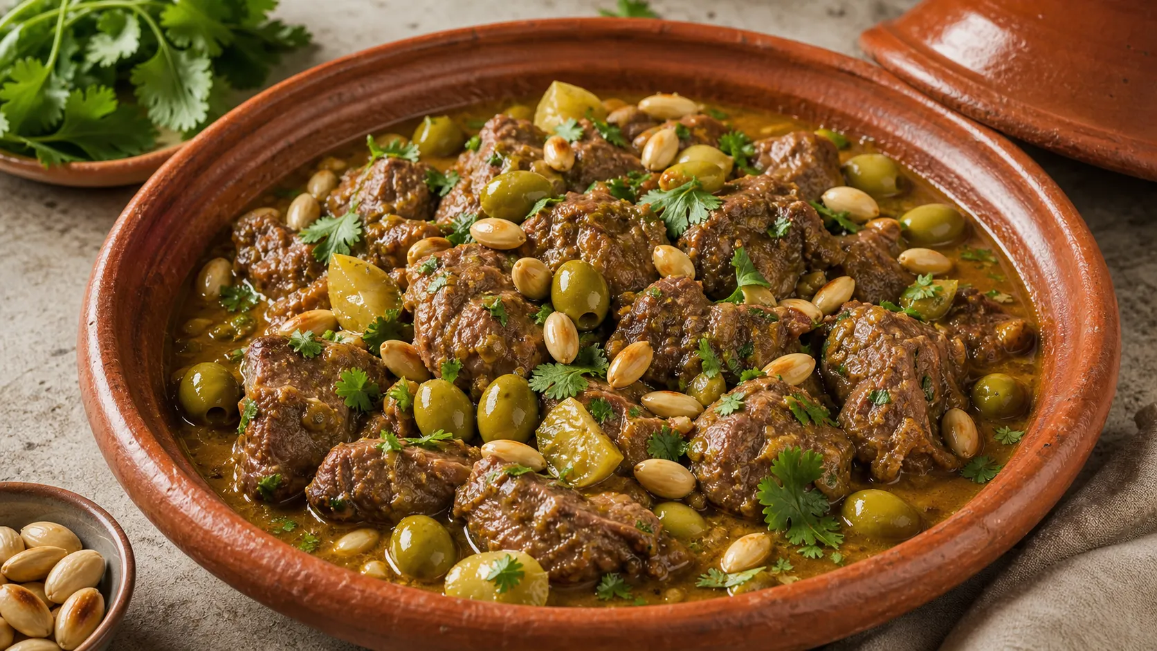 Keto Lamm-Tajine mit Lammschulter, grünen Oliven, Mandeln und Koriander in einer Tonform