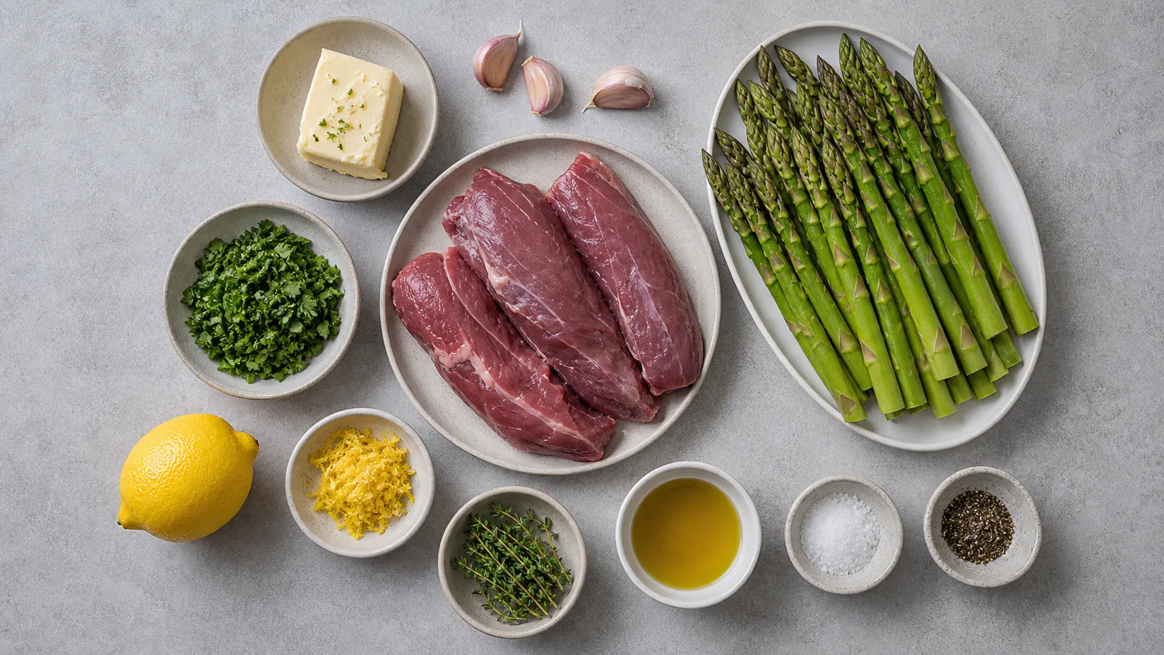 Zutaten für Keto Lammfilet mit Kräuterbutter, grünem Spargel, Knoblauch, Petersilie und Thymian