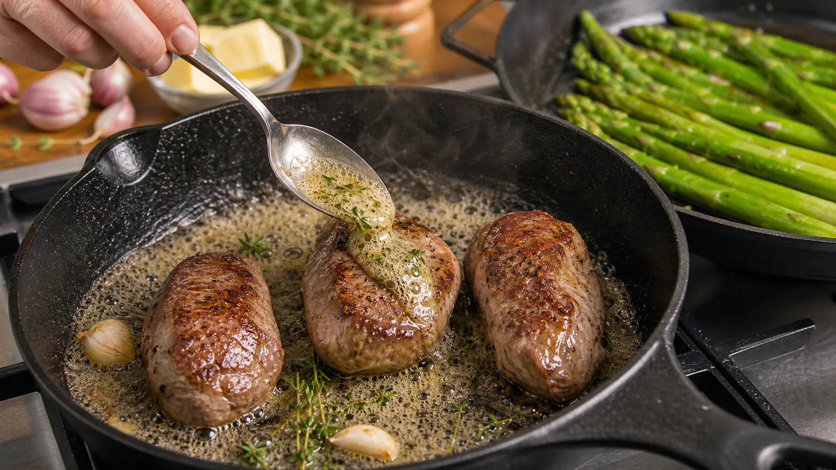 Lammfilet in Butter mit Knoblauch und Thymian in der Pfanne arrosieren